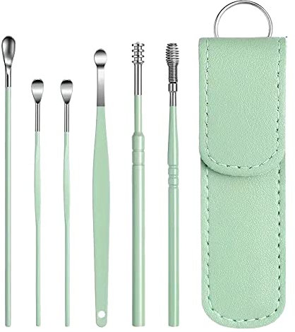 Kit de extracción de cera para oídos, 6 piezas de acero inoxidable, cureta para oídos, herramientas para limpieza de oídos con bolsa portátil (azul)