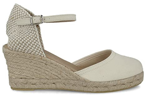 PAYMA - Sandali con Zeppa in Juta da Donna. Prodotto in Spagna in Tela. Chiusura con Fibbia alla Caviglia. Suola Interna Imbottita in Tessuto. Colore: Beige. Taglia: EU 40