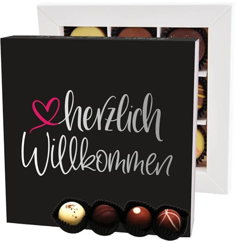 Hallingers Genuss Manufaktur Pralinen Glückwunsch-Geschenk - ohne Alkohol, handmade aus Confiserie-Edelkakao in wertiger L-Geschenkbox Herzlich Willko..., Geschenkidee für Frauen Männer