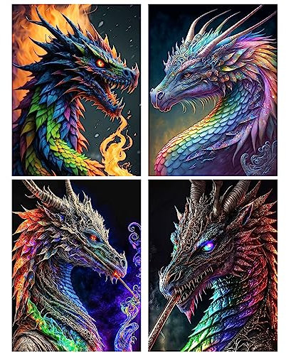 RICUVED 4 Pack Drachen Diamond Painting Erwachsene, 5D Drachen Diamant Painting Bilder Erwachsene, DIY Diamond Painting Bilder Tiere Diamant Malerei Set für Wanddekoration 30x40cm