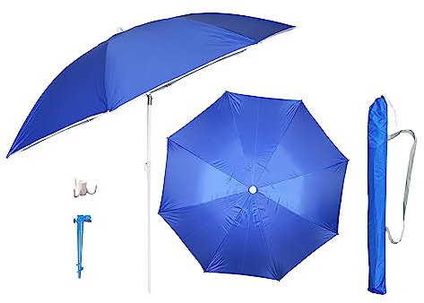 Etrexonline Sombrilla de Playa Premium de 220 cm, Mástil de Acero, Protección Solar UPF+50, Antiviento, Inclinable, Varillas de Fibra de Vidrio, Incluye Bolsa de Viaje y Soporte - Azul Ø220cm