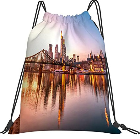 DELURA Rucksack mit Kordelzug,Blau Deutschland Frankfurt Am Main Skyline Eiserner Steg Landschaft,Kordelzug-Sackpack für Sport, Yoga, Reisen, Cinch-Tasche mit Reißverschlusstasche