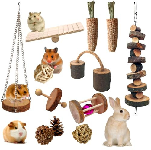 Aisamco Small Animal Activity Toys Chew Toys Set Molar Toys Teeth Care Apple Wood Accessories Swing Seesaw Bridge for Hamster Guinea Pigs,Chinchillas,Rabbit,Mice,Rats,Mouse Rodents