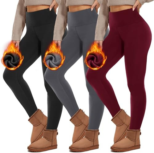 HIPOWER 3er Pack Thermo Leggings Damen Gefüttert Winter High Waist Fleece Warme Leggins Blickdicht Schwarz Sportleggins Thermounterwäsche Laufhose Yogapants(B-Schwarz+Grau+Weinrot,L-XL)