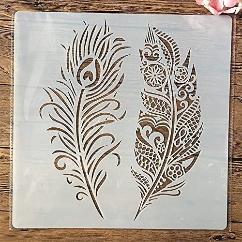 30 x 30 cm große Mandala-zwei Federn, wiederverwendbare Malschablonen für das Malen auf Holz, Veranda, Haustür, Wand, Heimdekoration
