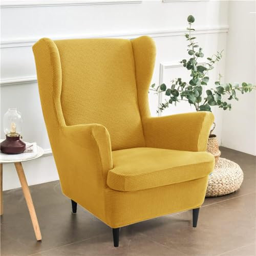 Highdi Housse de Fauteuil à Oreilles Extensible 2-Pièces Couverture de Fauteuil avec Housse de Coussin en T, Couleur Unie Jacquard Épaissir Strandmon Housse de Fauteuil Antidérapante (Jaune)