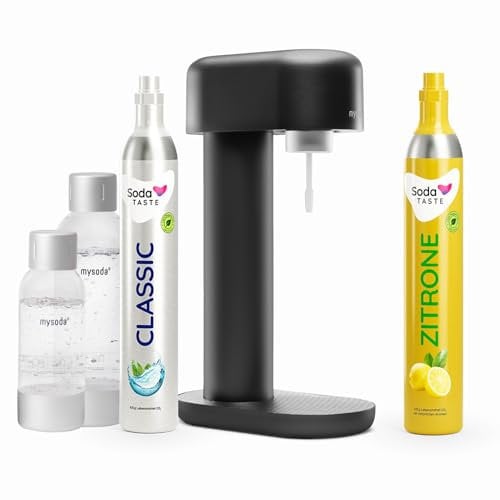 Sparpaket: Mysoda Ruby - Wassersprudler aus Aluminium mit 1L und 0,5L BPA-freier Plastikflasche, CO2-Zylinder Classic + CO2-Zylinder Zitrone (Schwarz)