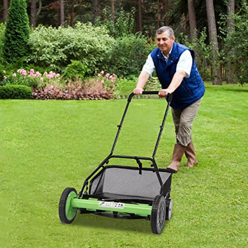 Cortacésped de husillo, 5 cuchillas, cortacésped manual, 9 marchas, cortadora de husillo ajustable con saco para 500 ㎡ superficie de corte, ancho de corte de 50,8 cm, 65 cuchillas de acero al