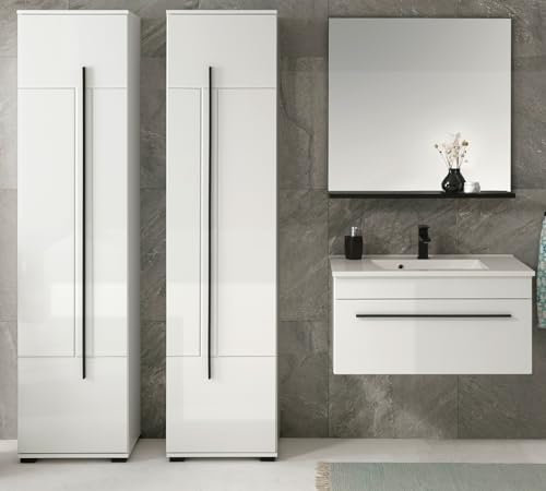 Badmöbel Set in weiß Hochglanz und schwarz Badkombination 5-teilig mit Unterschrank, MIT Waschbecken, Spiegel, 2X Hochschrank 190 x 200 cm Design-D (Set 8)