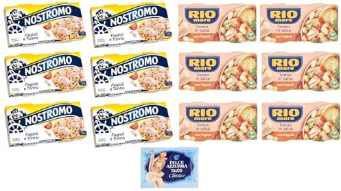 12er-Pack Testpaket Rio Mare Nostromo Tonno e Fagioli Fertiggericht mit Thunfisch und Bohnen,2x150g + 1er-Pack Kostenlos Felce Azzurra Talkumpuder, 100g-Beutel