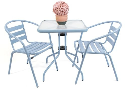 THE SECRET HOME - Set de 2 Sillas y Mesa Cuadrada de Metal para Jardín - Mobiliario de Exterior para Balcón, Terraza y Jardín - 2 Colores (Azul - Respaldo Silla Redondo)