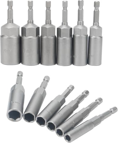 DAKFOOK 12PCS Deepen Hexagon Sockets Set, 6-19mm Hex Shank Nut Setter Driver, 1/4 Inch Hex Drill Bit Set for Screwdriver, 80mm Length