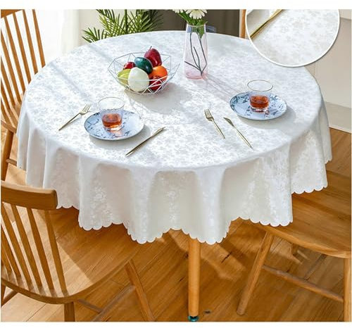 BCughia Tischdecke 140CM Beige, Tischdecke Wasserabweisend Rund Polyester Einfarbig mit Blumen Muster Tischdecke für Esstisch