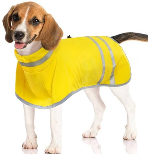 Kuoser Hunderegenmantel Wasserdicht, Hunde Regenmantel für Große Hunde, Winddichter Hunderegenjacke mit Beingurten, Regenjacken für Hunde mit Reflektierenden Streifen, Doppelt Zipper Gurtloch, Gelb L