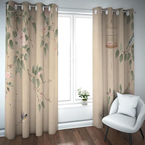 LANDOCROWN Cortinas Beige Retro Impresión de Pintura de Tinta Tradicional Cortinas de Ventana de Tela para Cortina Opaca Rústica de Flores Rosas de Granja 2X B168 x H160 cm