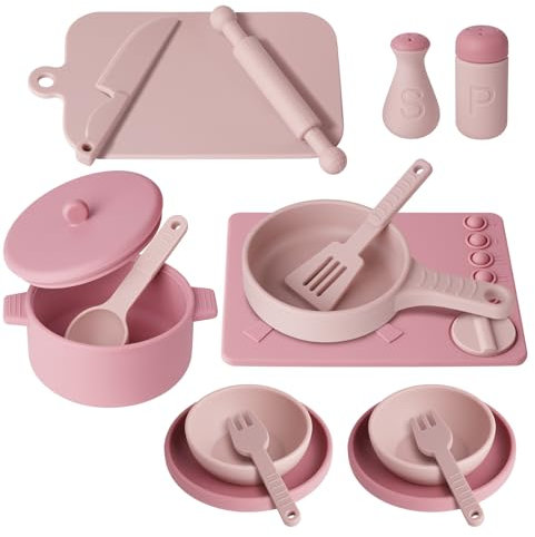 HOTUT Accessoires de Cuisine en Silicone pour Enfants, Ustensiles de Jeu de Rôle de Chef de 16 Pièces, Jouets de Cuisine, Design Réaliste, Cadeaux pour Enfants