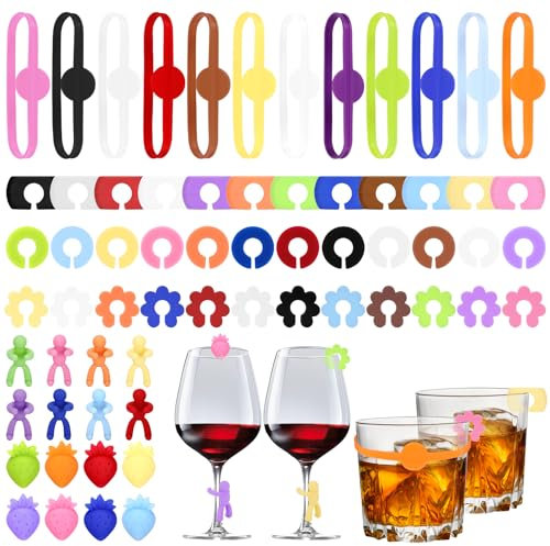 Farerkass Marque Verre, 64 Pièces Marqueur Verre, Marque Verre a Pied, Identificateur de Verre à Vin en Silicone, pour Verre à Boire, Verre à Martini et Fête de Bar