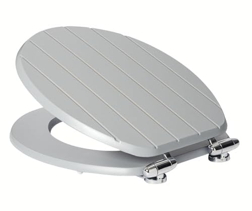 18'' MDF Universal Oval Toilet Seat, Stainless Steel Hinges | Adjustable Seat, Anti-Slip, Easy to Clean | Ideal for Bathroom and En-Suite Use (Grey Stripes)