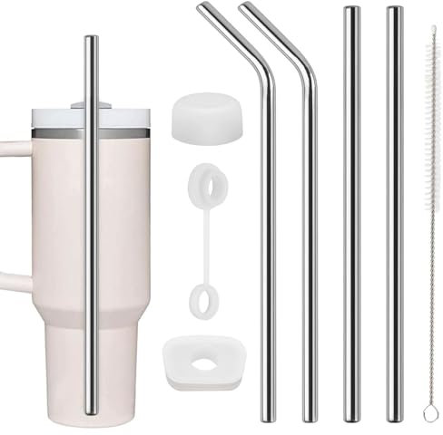 4 Stück Strohhalm für Stanley Cup, 304 Edelstahl Lange Strohhalme, 30cm Wiederverwendbar Trinkhalme, mit Reinigungsbürsten und Silikon Stopfen, für 30/40 Unzen Becher, Glas und Stanley Cup Zubehör
