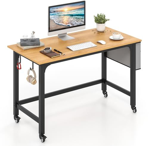 COSTWAY Rolling Computer Desk, 120cm Mobile Study Table Writing Workstation with Lockable Wheels, Storage Bag and 2 Headphone Hooks, Metal Frame PC Laptop Table Working Desk (Natural)