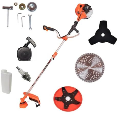 Cortacéspedes Desbrozadora Gasolina, 65cc 3,0hp, Motor 2 Tiempos, Accesorios Incluidos, Cuchilla 3 Dientes, Carrete Doble Hilo, Disco 80 Dientes, Disco 5 Puntas, Herramienta Gasolina