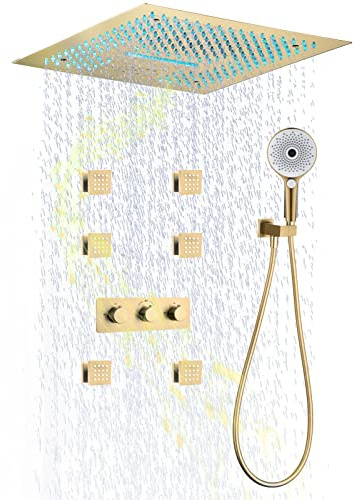 XFZJCHAP Shower System Led Music Shower Faucet Set 40° Thermostatic Rain Mixer Shower Combo Set 4-Ways Shower Fixture With 400 * 400Mm Rain Shower Head, Showerheads