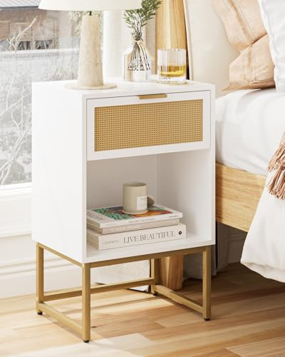 HEYZOEY Nachttisch mit Schubladen, Nachttische Holz, Boho-Rattan Nachtschrank mit Stauraum, Beistelltisch Nachtkommode für Schlafzimmer,Wohnzimmer,29x39x61.5cm,Weiß