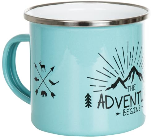 MUGSY I Emaille Tasse mit Spruch The Adventure Begins, 300 ml, Camping Tasse, Camping Ausrüstung, Retro Design (Türkis)
