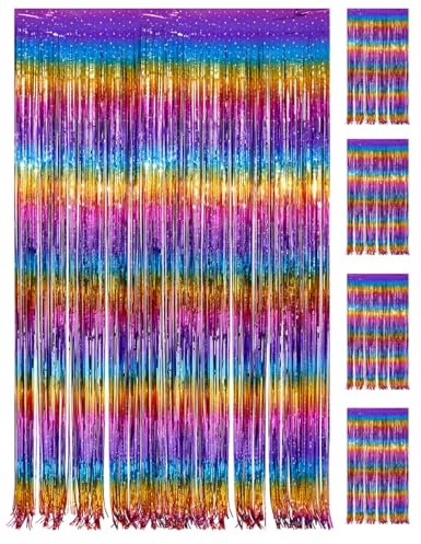 PVEGOS 4PCs 3.3 x 8.3 ft Rainbow Glitter Tinsel Curtains Foil Curtain Backdrop,Luminescent Particles Foil Fun Fringe Streamers for Party Birthday Decoration,Engagement,School Events