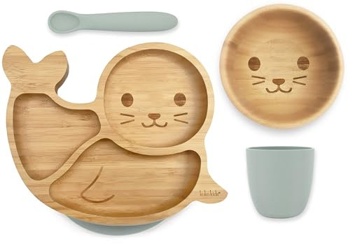 Koko Kids® Ensemble d'alimentation pour bébé en bambou et silicone - Assiette à ventouse et bol - Gobelet et cuillère en silicone