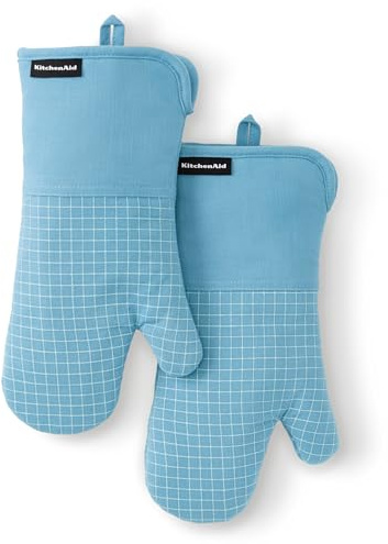 KITCHENAID Gourmet Series Gridlines Oven Mitts 2-Pack Set, Heat Resistant up to 600°F, Soft Silicone Grip, Magnetic Cuff, Blue Velvet, 7x14