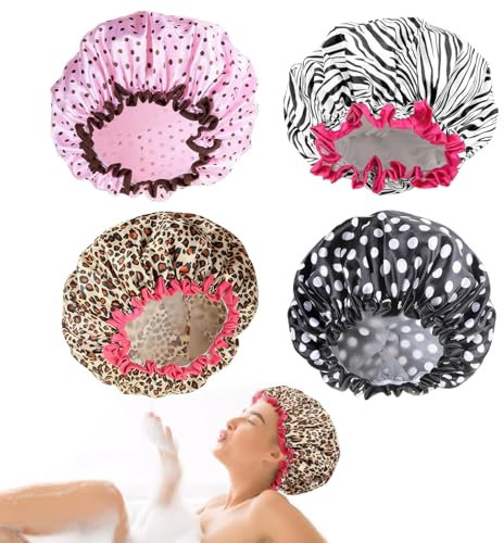 Duschhaube Damen 4 Stück Shower Cap Wasserdicht und Wiederverwendbar Duschhauben mit Gummiband,Doppellagiges Gewebe,für Mädchen und Frauen (Schwarze Punkte,Rosa Punkte,Leopardenmuster,Zebramuster)