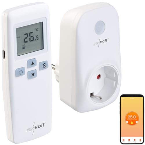 revolt Funk-Thermostat Heizung: WLAN-Steckdosen-Thermostat mit Sensor-Fernbedienung, Versandrückläufer (Steckdosenthermostat WLAN, Steckdosenthermostate WiFi)