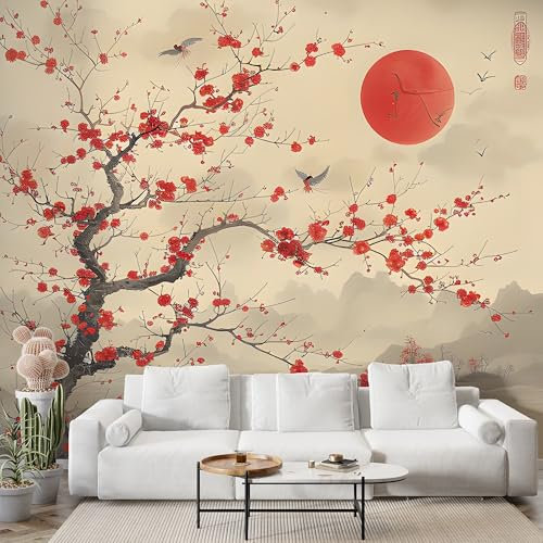 Papier Peint Panoramique Montagne Japonaise Fleurs De Cerisier - Papier Peint Intissé Autocollant - Soleil Rouge Japon Décoration Murale - Adhésif Mural pour Salon Chambre, 300x210 cm - S-826