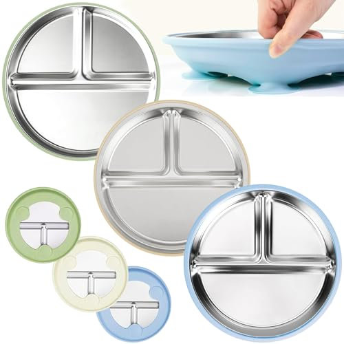 UptVin 3 Piezas Platos de Acero Inoxidable con Ventosa para Bebé, Platos Divididos Antideslizantes con Cubierta de Silicona Removible, Sin BPA, Apto para Lavavajillas (Azul, Verde, Beige)