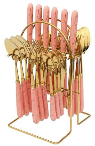 24Pcs Stand Hanging Flatware Set, Mirror Polished Tableware Set, Flatware Set Stand with Metal Hanging Stand, Knife, Fork and Spoons, Setfor 6 Person (Pink + Gold Border)