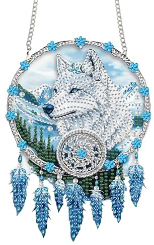 Bimkole 5D Diamond Painting Anhänger Traumfänger Wolf, Hängende Diamantkunst Diamant Malsets, DIY Diamond Painting Kit Tiere, Fensteranhänger Deko für Zuhause Garten Tür & Außenbereich 20x20 cm