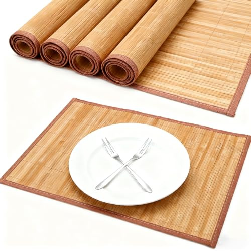 KQDRAVINE 4 Stück Tischset aus Bambus, 45 × 30 cm Platzdeckchen Abwaschbar, Tisch Platzset Hitzebeständige, Rutschhemmend, Waschbar, Aufrollbar, für Küche Speisetisch