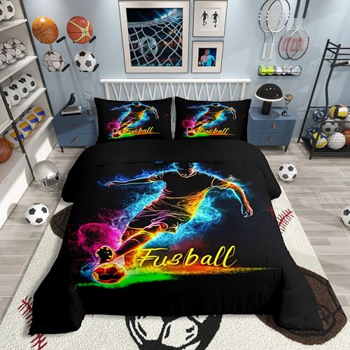 Homewish Fußball Silhouette Bettwäscheset 135x200cm Farbenfrohe Dynamische Energiegeladene Bettbezug für Kinder Cool Sportbegeisterte Teenager Bettwäsche Sportliche Leidenschaft Bettset Raumdekor