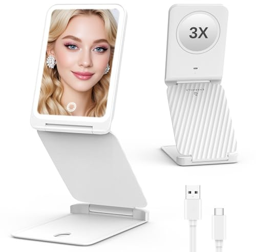 EASEHOLD Reisespiegel mit Beleuchtung, 72 LEDs, 1X/3X, faltbar, USB-C Laden | 1000mAh Akku, Touch-Dimmung, höhenverstellbar, flexibel neigbar, kompakt für Handtasche, Koffer, Hotel und Alltag, für Frauen