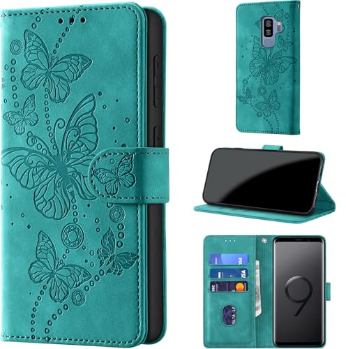 Handyhülle für Samsung Galaxy S9 Plus 6,2 Zoll Hülle, Türkis | Klappbar Premium PU Lederhülle, RFID Schutz, Stoßfeste, Kartenfach, Standfunktion, Magnetverschluss, Leder Prägung, Flip Case