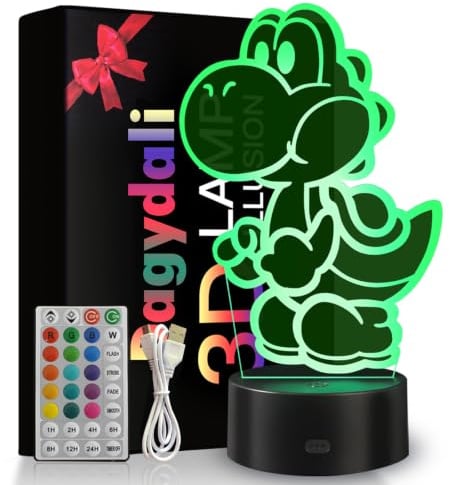 Dagydali Japan Anime Yoshi Nachtlicht für Kinder, Yoshi Lampe, Anime Spielzeug ab 2 3 4 5 6 7 Jahre Jungen Mädchen Geschenke, 3D LED Nachttischlampe, 16 Farben Ändern mit Fernbedienung