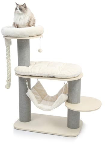 CanadianCat Company Kratzbaum Vale 114 cm - kompakter Katzenbaum mit Hängematte - Kratzsäulen Ø15 cm mit Papierseil - Kuschelbett