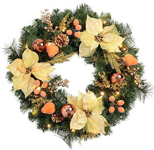 WeRChristmas Pre-Lit Decorated Wreath Christmas Decoration Illuminated with 20 Warm White LED Lights, 60 cm - Copper/Gold
