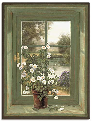 ARTLAND Wanddeko Leinwand Bilder Wandbild 60x80 cm Fensterblick Fenster Natur Landschaft Stillleben Blumen Botanik Kunst T5YV