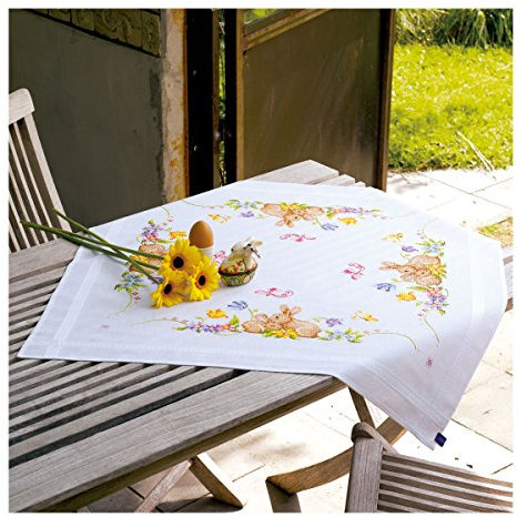 Vervaco Kreuzstich Stickpackungen Tischdecke Kaninchen Stickdecken Vorgezeichnet Basteln Erwachsene Kreativ Set Vorgedruckte Decke Sticken 80 x 80 cm Stickset DIY Sticken Set