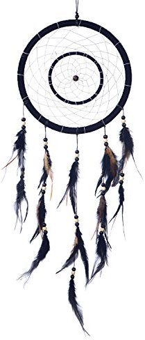DonDon Großer Traumfänger für Gute Träume mit Perlen und echten Federn schwarz Ø 28 cm