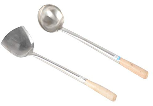 Chinese Asian Cooking Tools Wok Spoon & Wok Turner with Long Wooden Handle Stainless Steel Chuan & Hoak (Spatula & Ladle