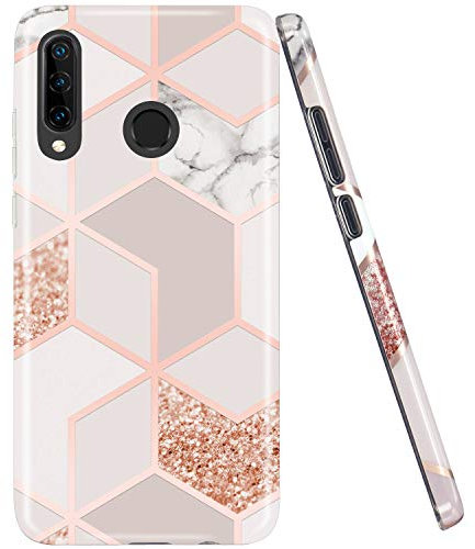 JAHOLAN Kompatibel mit Huawei P30 lite Hülle Handyhülle TPU Silikon Schutzhülle Handytasche Flexibel Handy Hülle Marmor Bling Glitter Sparkle Gold