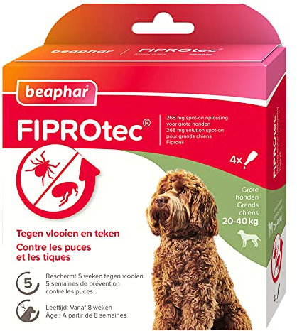 BEAPHAR – FIPROTEC Solution Spot-on pour Grands Chiens (20-40 kg) 268 MG – À Base de Fipronil – Contre Les Puces – Protège Contre Les Infestations par Les Tiques – 4 Pipettes de 2,68 ML